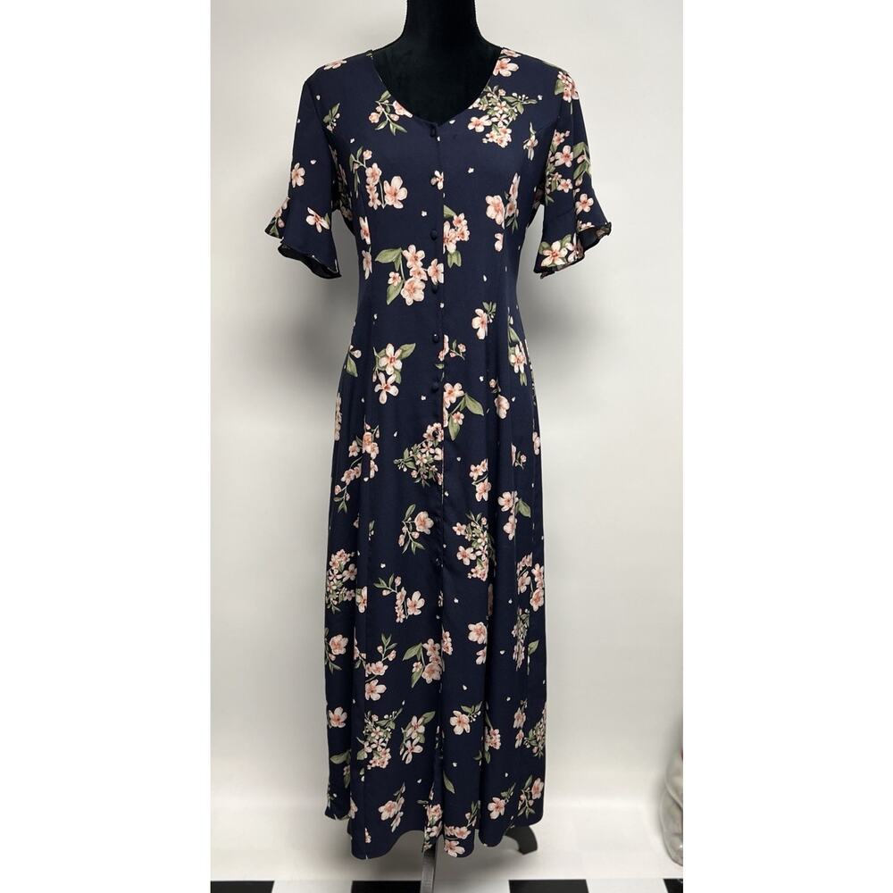 Vintage 90s Maxi Dress Fit & Flare Floral Cottage Full Button Up Sz 10 Tie Back